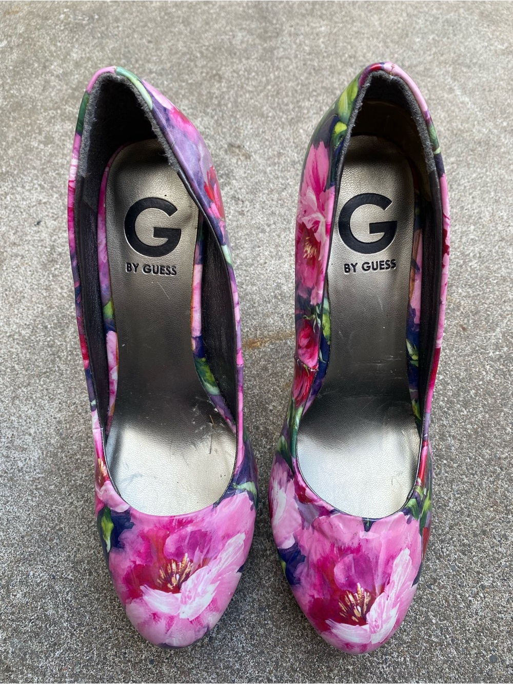 G by GUESS Winna Pink Purple Floral Patent Platform Stiletto Heels Sz 8